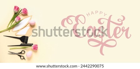 Festive banner for Happy Easter with hairdresser's tools