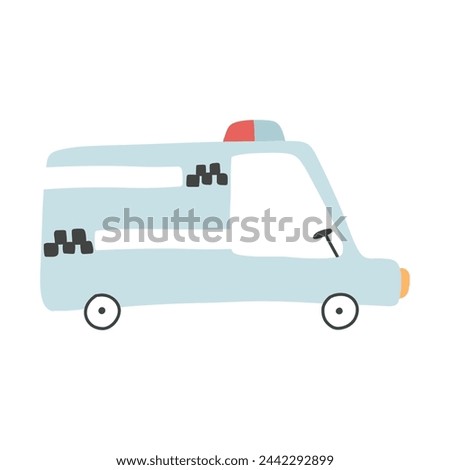 Vector ambulance isolated on white background. Hand-drawn kids medical car.