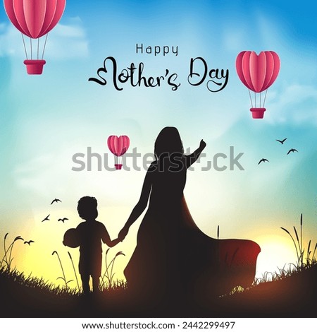 mothers day creative social media post template design with illustration of mother child standing on bright nature background, mother's day text calligraphy Royalty-Free Stock Photo #2442299497