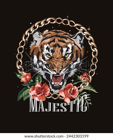 majestic slogan with tiger head and red roses in gold chain lace frame graphic hand drawn vector illustration on black background