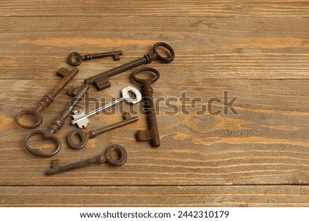 One new key among rusty ones on wooden background. Concept of uniqueness