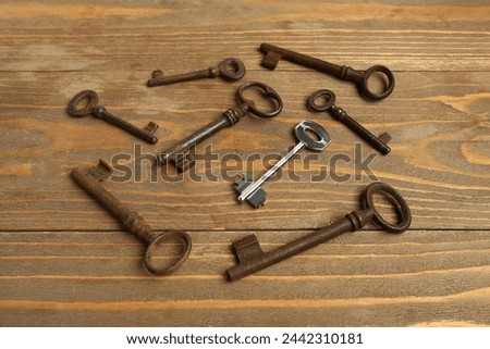 One new key among rusty ones on wooden background. Concept of uniqueness