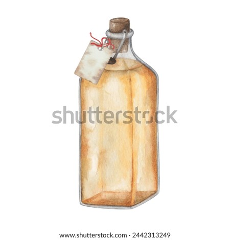 Watercolor illustration. Hand painted olive oil. Transparent glass square bottle with cork. Yellow liquid. Paper tag, label with ribbon. Blank template. Sunflower oil. Orange juice. Isolated clip art