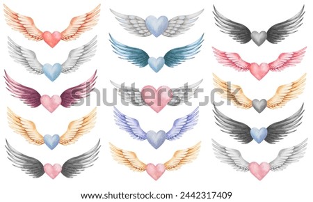 Watercolor set of illustrations. Hand painted hearts with spread wings as angel, bird. Grey, pink, blue feathers. Cupid, cherub. Love symbol. Isolated clip art for weddings. Valentine's Day love card
