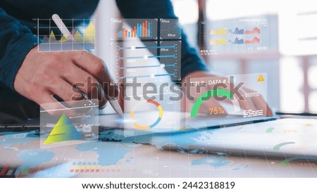 data analysis  Data Management System with KPI and metrics connected to the database finance, operations, sales, marketing, businessman using computer working with dashboard data charts