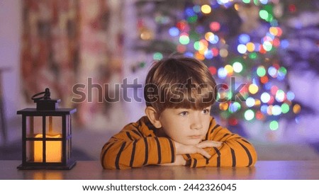 Beautiful little kid waiting for Santa near a lantern in front of Christmas tree