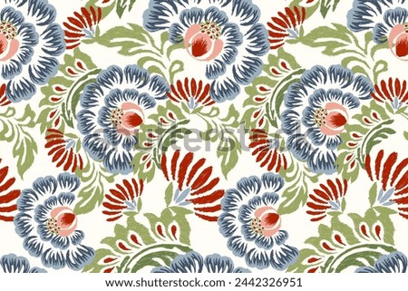 Ikat floral seamless pattern on white background vector illustration.Ikat oriental embroidery.Aztec style,hand drawn,baroque pattern.design for texture,fabric,clothing,decoration,sarong,fashion women. Royalty-Free Stock Photo #2442326951
