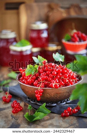 Fresh ripe Red currant or Red Ribes (Ribes rubrum) on wooden rustic background, close up Royalty-Free Stock Photo #2442329467