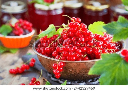 Fresh ripe Red currant or Red Ribes (Ribes rubrum) on wooden rustic background, close up Royalty-Free Stock Photo #2442329469