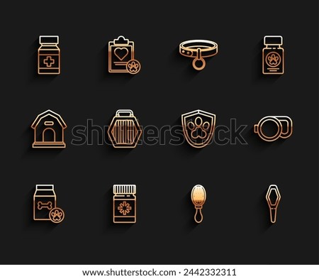 Set line Bag of food for pet, Dog medicine bottle and pills, Hair brush dog cat, Pets vial medical, carry case, Retractable cord leash and Animal health insurance icon. Vector