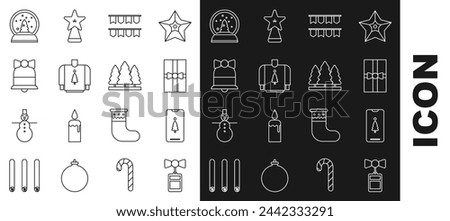 Set line Price tag with an inscription Sale, Smartphone gift box, Gift, Carnival garland flags, Christmas sweater, Merry ringing bell, snow globe and trees icon. Vector