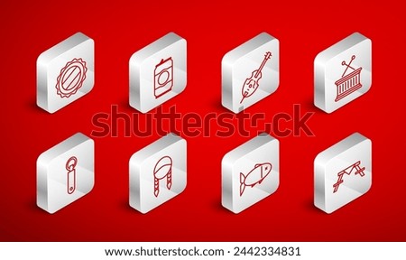 Set line Picnic table with benches, Beer can, Violin, Musical drum and sticks, Fish, Bottle cap, Braid and opener icon. Vector