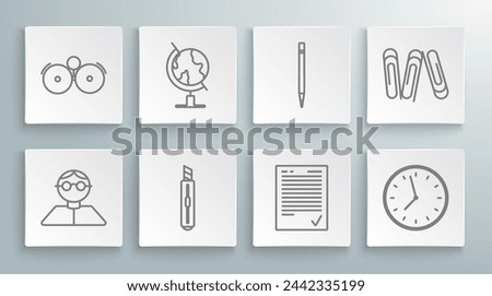 Set line Student, Earth globe, Stationery knife, Exam sheet with check mark, Clock, Pencil eraser, Paper clip and Ringing alarm bell icon. Vector