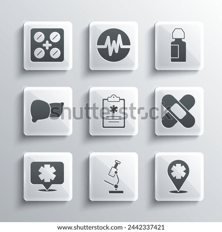 Set Microscope, Location with cross hospital, Crossed bandage plaster, Clinical record, Medical symbol of the Emergency, Human organ liver, Pills blister pack and Eye drop bottle icon. Vector