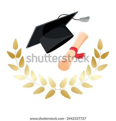 Graduation cap with paper scroll diploma in a golden laurel wreath vector isolated on white background.Academician graduation hat with tassel icon. Education concept.Emblem,logo,design element