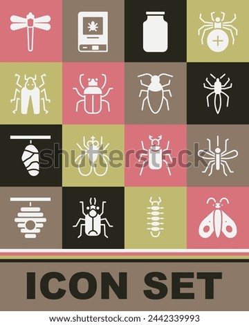 Set Butterfly, Mosquito, Spider, Glass jar, Stink bug, Beetle, Dragonfly and Cockroach icon. Vector