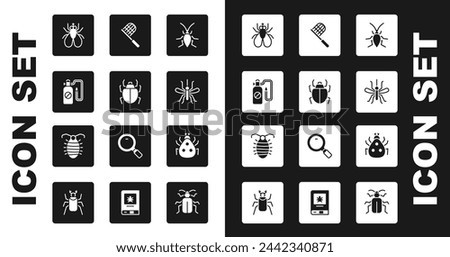 Set Cockroach, Mite, Pressure sprayer, Insect fly, Mosquito, Butterfly net, Ladybug and Larva insect icon. Vector
