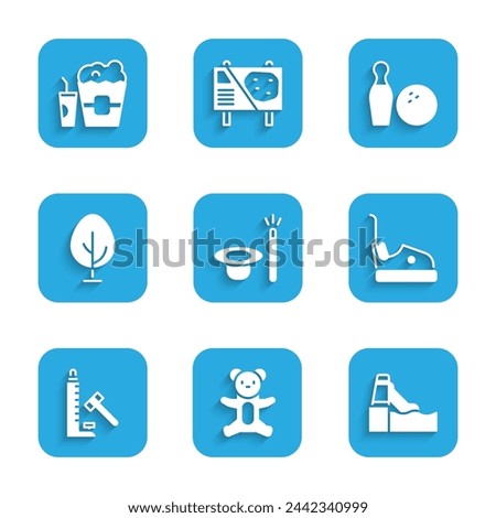Set Magic hat and wand, Teddy bear plush toy, Water slide, Bumper car, Striker attraction with hammer, Tree, Bowling pin ball and Popcorn box glass icon. Vector Royalty-Free Stock Photo #2442340999