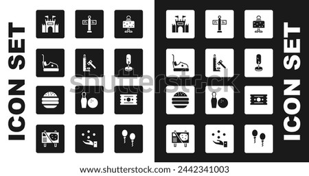 Set Magic ball on table, Striker attraction with hammer, Bumper car, Castle, Tree, Road traffic signpost, Ticket and Burger icon. Vector Royalty-Free Stock Photo #2442341003