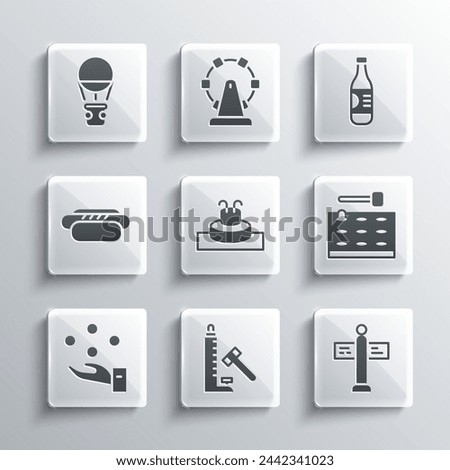 Set Striker attraction with hammer, Road traffic signpost, Arcade game machine, Fountain, Juggling ball, Hotdog, air balloon and Bottle of water icon. Vector Royalty-Free Stock Photo #2442341023
