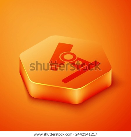 Isometric Microscope icon isolated on orange background. Chemistry, pharmaceutical instrument, microbiology magnifying tool. Orange hexagon button. Vector