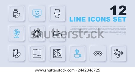 Set line Contact lens container, Earplugs and ear, Alarm clock, Chamomile tea, Sleepy, Pillow, Moon stars and Window with curtains icon. Vector