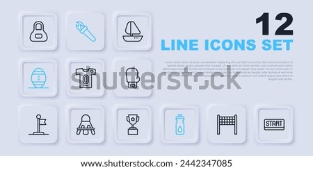 Set line Volleyball net, Ribbon in finishing line, Football jersey and t-shirt, Fitness shaker, American, Badminton shuttlecock, Torch flame and Award cup icon. Vector