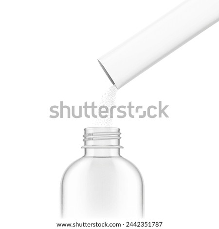 Stick pack pouring powder product on clear bottle. Vector illustration isolated on a white background. Ready for use in presentation, promo, advertising and more. EPS10.