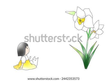 Clip art of daffodil flower, girl and cat