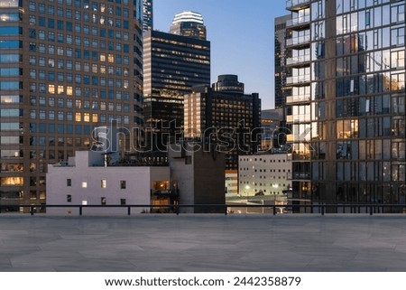 Skyscrapers Cityscape Downtown, Los Angeles Skyline Buildings. Beautiful Real Estate. Night time. Empty rooftop View. Success concept.