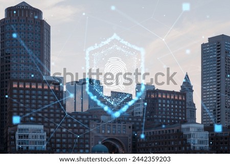 Boston cityscape at dusk with a holographic fingerprint overlay as a concept of futuristic security technology. Double exposure
