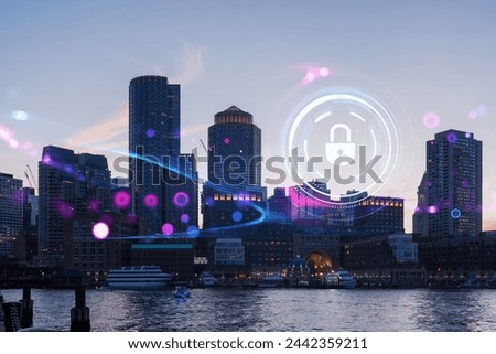 Boston cityscape at twilight with a futuristic security hologram overlay. Photography and digital art concept. Double exposure