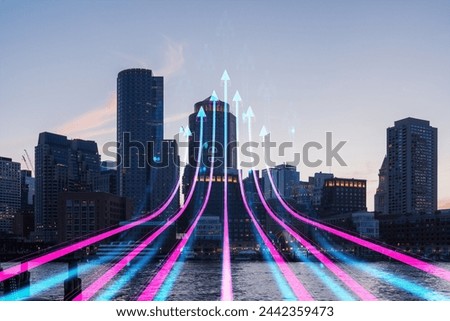 A cityscape at dusk with digital holographic arrows overlaying, symbolizing growth and direction. Digital composite concept. Double exposure