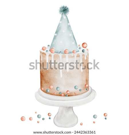 Birthday cake watercolor. Watercolor vintage illustration of a holiday pie. Clip art isolated on white background sweet pastries. Ideal for designing baby shower and birthday cards and invitations