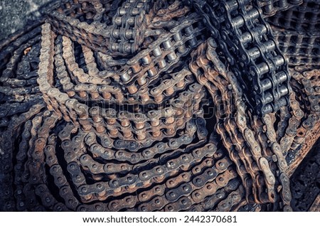 Texture of roller chains background. Rusty old chains, chain gear mechanism
