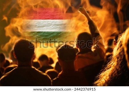 Hungary protest. Fire and flame. Football fans in Hungary. Flag, Hungarian, background. Waving. Banner for design with copy space. 