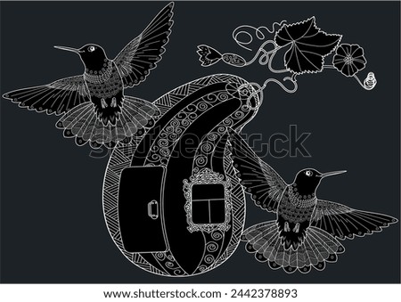 Antistress drawing for coloring. Colouring pictures with Birdhouse, Flowers and Birds. Cute  background for wallpaper, gift paper, pattern fills, textile, greetings cards
