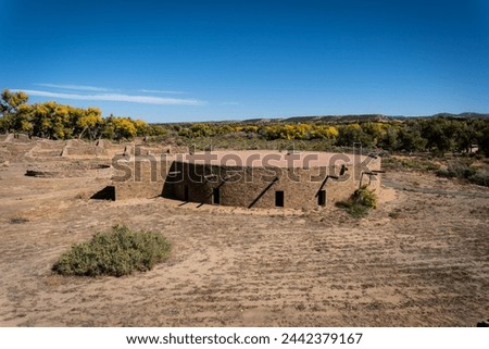 Great Kiva at Aztec Ruins National Monument in New Mexico. Best preserved Chacoan structures including Aztec West great house built by ancestral Pueblo people. Reconstructed kiva, religious site. Royalty-Free Stock Photo #2442379167