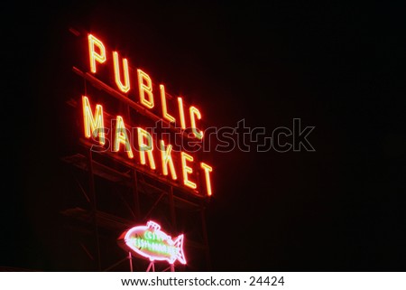 public market neon sign taken with a short time laps (bulb exposure) for effect