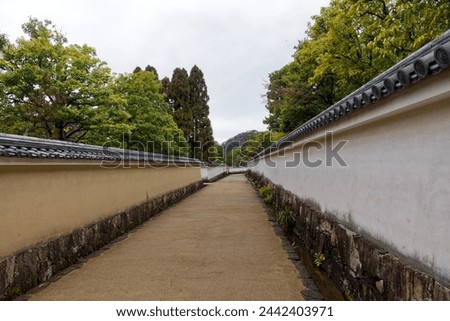 Diminishing perspective of pathway at famous Unesco Word Heritage site Himeji-jo castle on a cloudy gray winter day. Photo taken February 1st, 2024, Himeji, Japan. Royalty-Free Stock Photo #2442403971