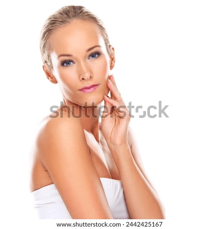 Woman, portrait and skincare health in studio for beauty makeup, cosmetics or white background. Female person, face and model hand as wellness cleaning or natural, self care treatment or mockup space