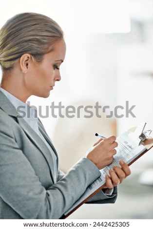 Writing, clipboard or business woman at a warehouse for logistic, delivery or cargo, shipping or planning. Factory, supply chain or lady manager paper checklist for retail, stock or procurement notes