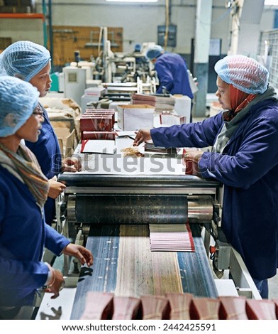 Workers, printer and machine in factory for paper, system and industry for manufacturing and distribution. Woman, stock and control with production for assembly line, printing and supplier for job