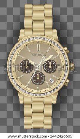 Realistic clock chronograph watch for men golden diamond on checkered background luxury vector illustration.