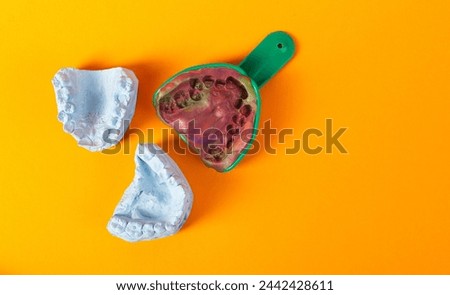 Blue plaster cast of a dental jaw and a dental tray for an impression of a dental jaw on a yellow background. The concept of orthodontics in dentistry, the manufacture of dentures  Royalty-Free Stock Photo #2442428611