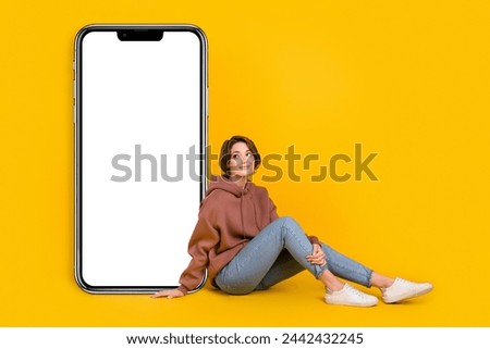 Full size cadre of young attractive woman sit look minded empty space electronic panel web shop promo isolated on yellow color background