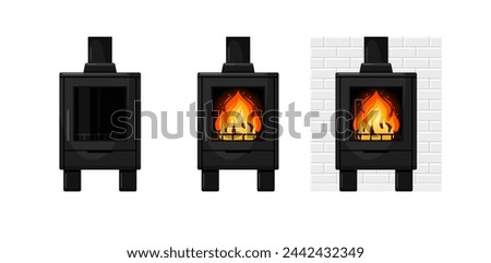Wood burning stove, black fireplace with fire, free standing home heater with chimney, glass window and white brick wall background. Set of vector flat cartoon illustrations