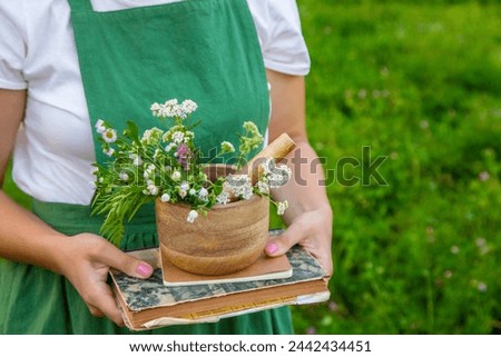A woman collects medicinal herbs and makes herbal tincture