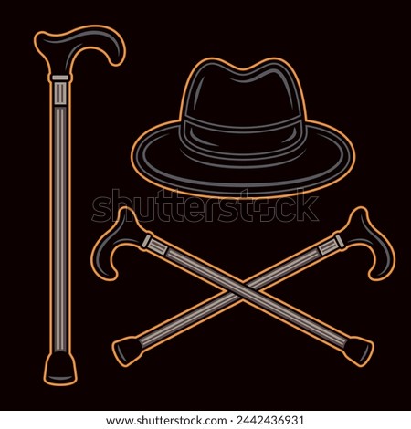 Fedora hat and crossed canes vector Illustration in colored style on dark background