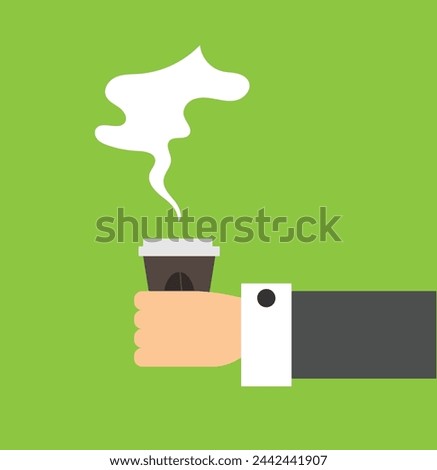 Hand of Businessman Holding a Cup of Coffee. Flat style vector illustration on topics of hot drinks and pause at work